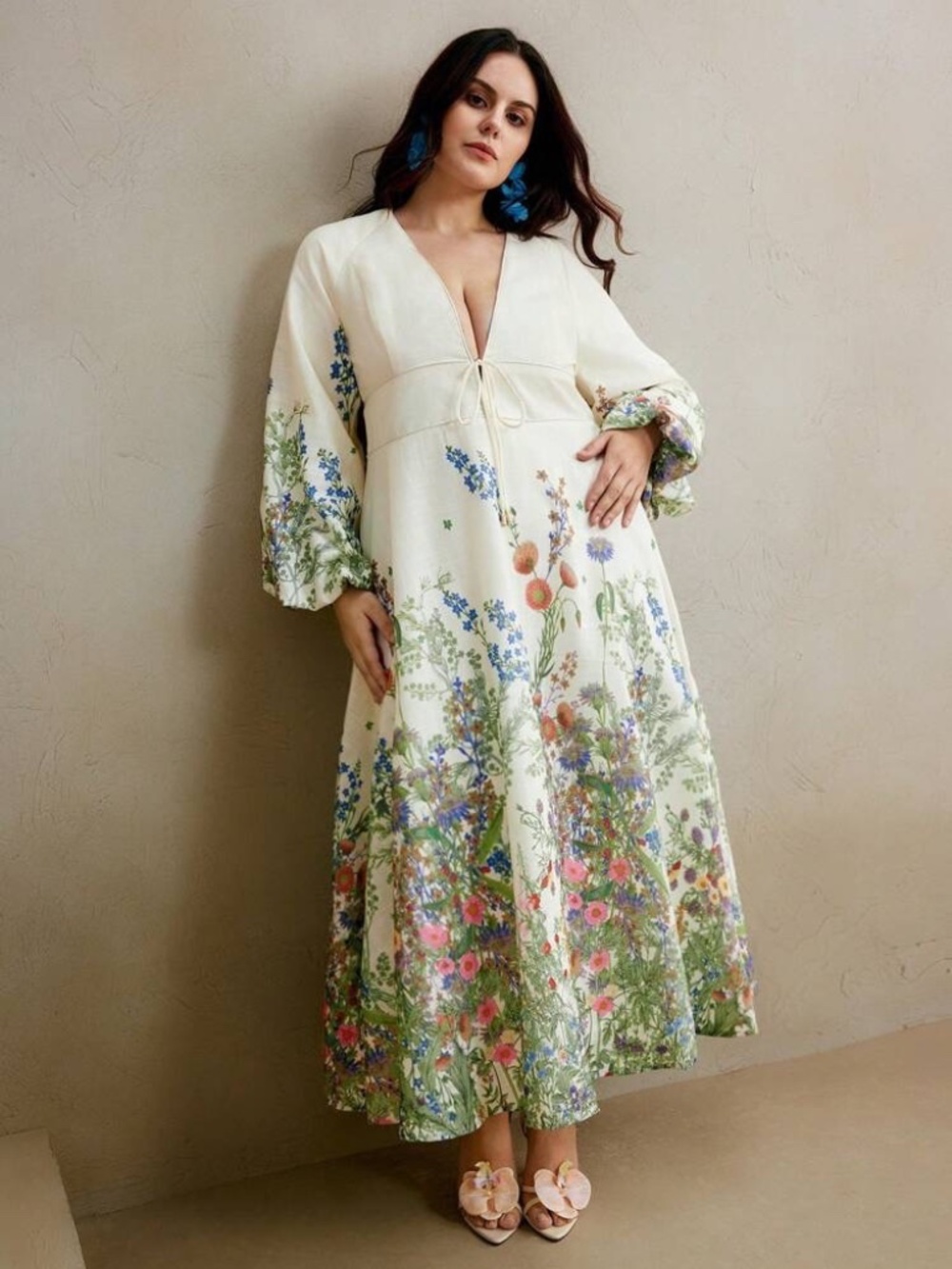 Anewsta Curve Vintage French Artistic Floral Print V-Neck Maxi Dress SZ 3XL (18)